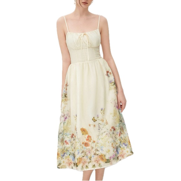 Cider Dresses & Skirts - CIDER Floral Shirred Midi Dress | Small | Beige Cottagecore